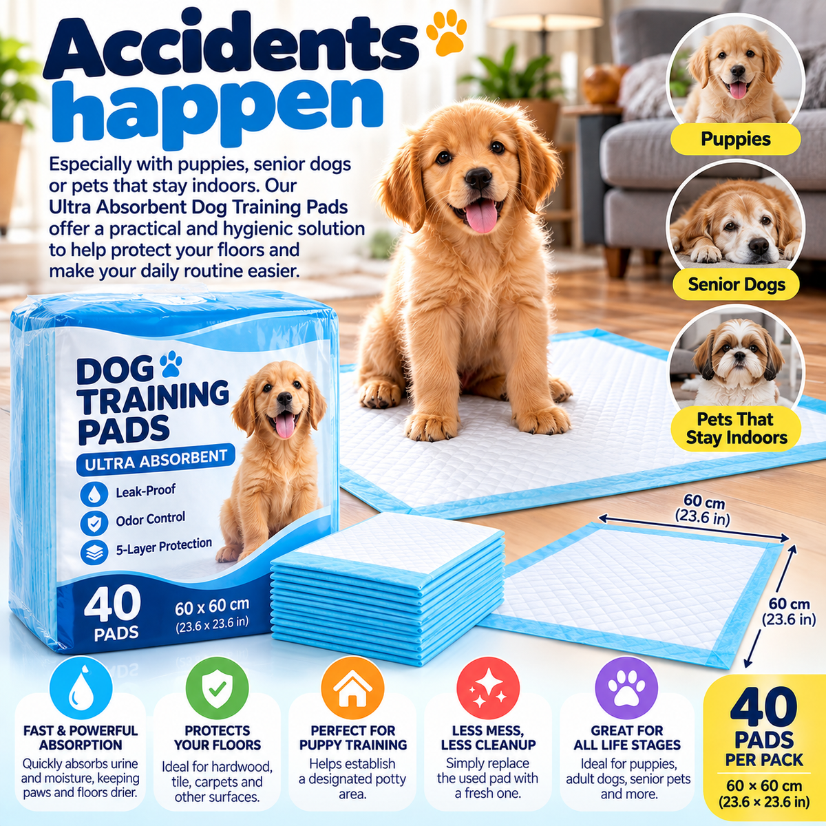 Ultra Absorbent Dog Training Pads – 40 Pack | 60 × 60 cm